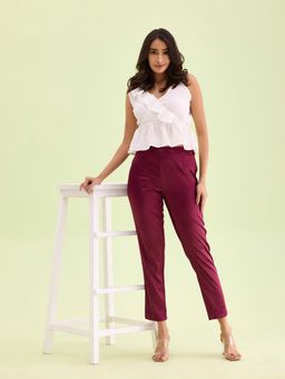 Go Colors - Women Solid Mid Rise Dark Wine Shiny Pants