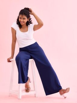 Go Colors - Women Solid Navy Viscose Mid Rise Knit Palazzo