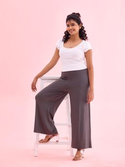 Go Colors - Women Solid Silver Grey Viscose Mid Rise Knit Palazzo