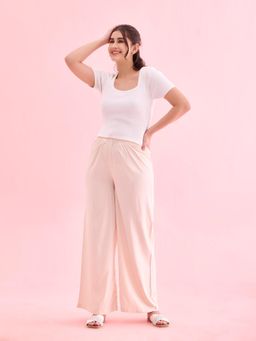 Go Colors - Women Solid Ecru Woven Viscose Mid Rise Basic Palazzo