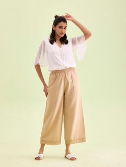 Go Colors - Women Solid Wheat Mid Rise Linen Wide Pant