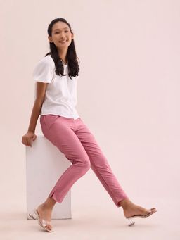 Go Colors - Women Dusty Rose Solid Mid Rise Metallic Pants
