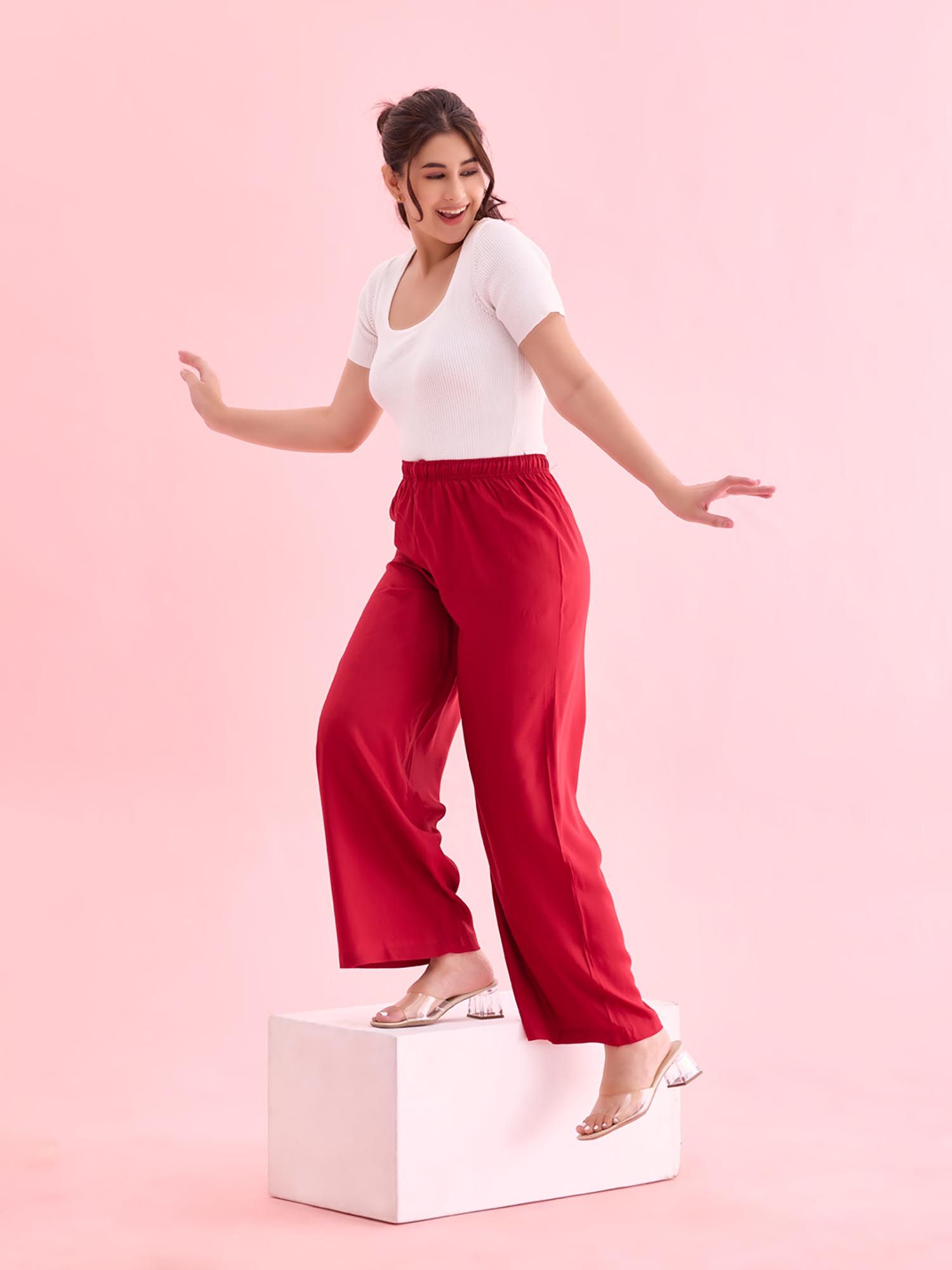 go colors Women Solid Bright Red Woven Viscose Mid Rise Basic Palazzo-picture-12