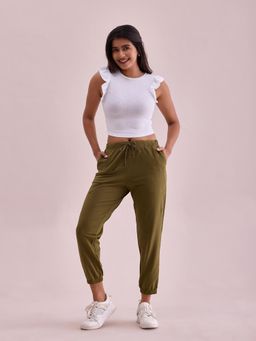 Go Colors - Women Solid Olive Green Mid Rise Casual Joggers