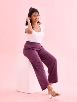 Go Colors - Women Solid Dark Wine Ponte Wide Leg Pants