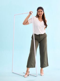 Go Colors - Women Solid Olive Green High Rise Crepe Wide Pant