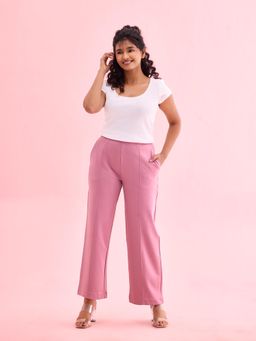 Go Colors - Women Solid Rusty Pink Ponte Wide Leg Pants