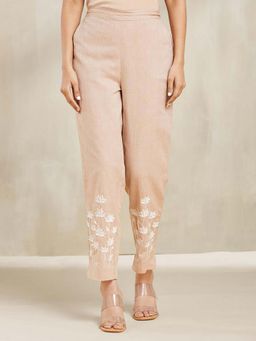 Fabindia - Beige Cotton Slim Fit Chikankari Casual Pant