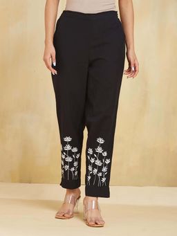 Fabindia - Black Cotton Chikankari Slim Fit Casual Pant