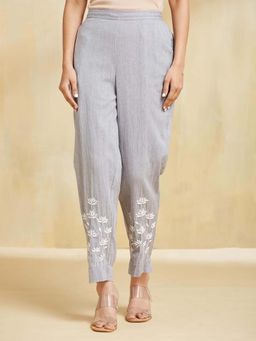 Fabindia - Grey Cotton Slim Fit Chikankari Casual Pant