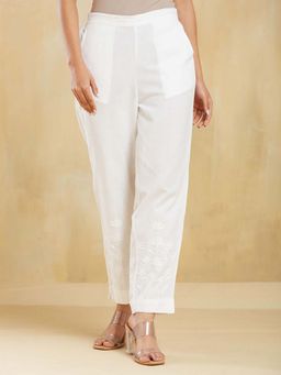 Fabindia - White Cotton Chikankari Slim Fit Casual Pant