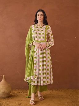 Taro India - Beige Plaid Kurta With Pant And Dupatta