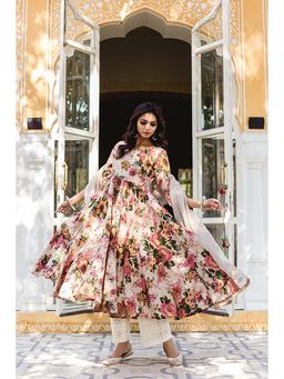 Gulabo Jaipur - Soha Floral White Anarkali Kurta with Pant and Doriya Dupatta