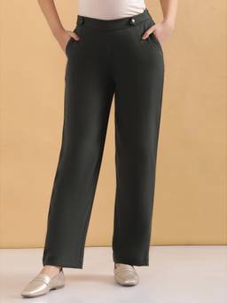 Elleven - Women Straight Fit Green Polyester Parallel Pants