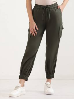 Elleven - Women Slim Fit Green Cotton Joggers
