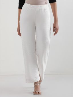 Elleven - Women Straight Fit White Schiffli Palazzo