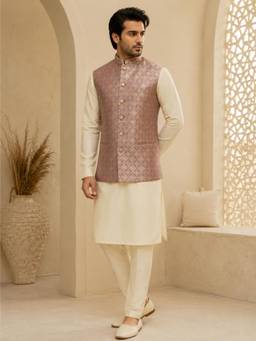 Vastramay - Men Purple Jacquard Nehru Jacket with Cream Kurta and Pyjama Set