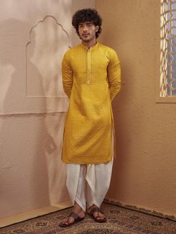 Vastramay - Men Mustard Sequin Embroidered Silk Blend Kurta with Dhoti Pant Set