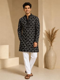Vastramay - Men Black Embroidered Kurta with White Pyjama Set