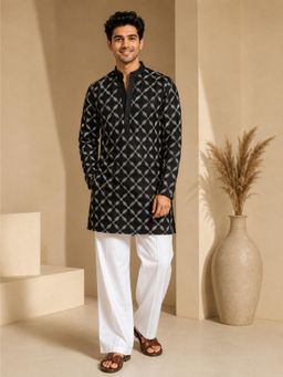 Vastramay - Men Black Embroidered Kurta with White Wide-Leg Pant Set