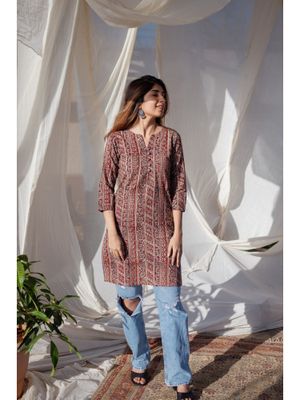 RED KALAMKAARI SHORT KURTI main image 1