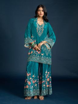Gajra Gang - Teal Printed Crepe Co-Ord Set Diwalicious (Set of 2)