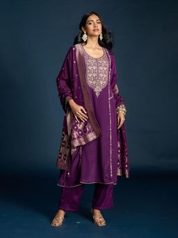 Gajra Gang - Purple Muslin Embroidered Kurta, Pant & Dupatta Diwalicous (Set of 3)