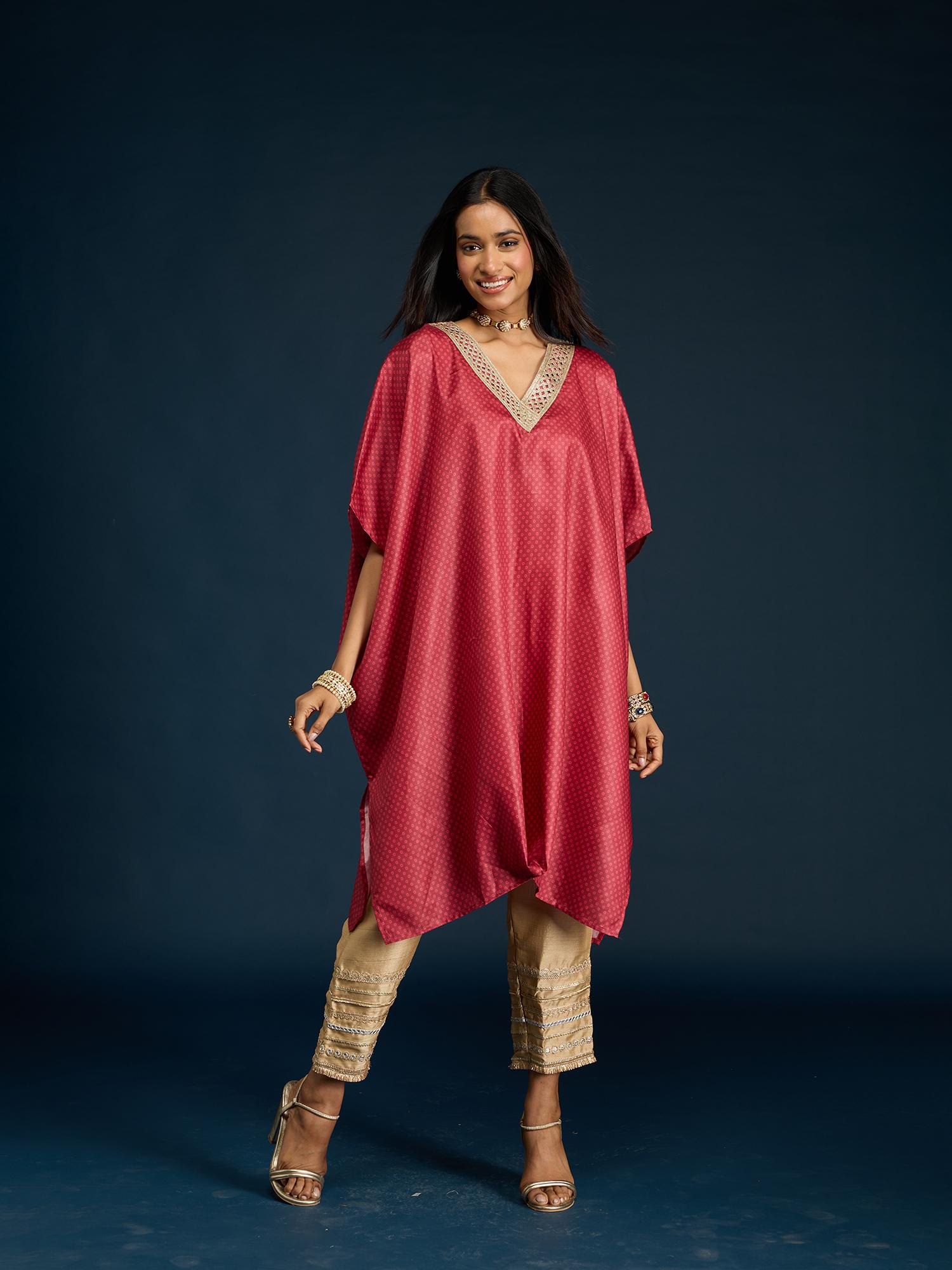 gajra gang Red Bandhani Embellished Kaftan Kurta Diwalicious-picture-43