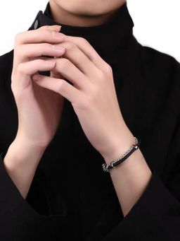 Peora - Stainless Steel Black Leather Braid Style Lobster Bracelet for Men (Adjustable)