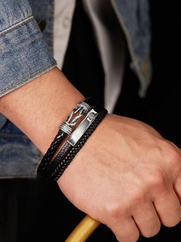 Peora - Silver Plated Black Leather Openable Fancy Bracelet Kada Jewellery for Men
