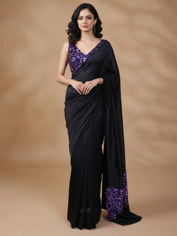 HANDME - Women Black Satin Embellished Saree with Unstitched Blouse