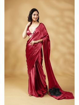 HANDME - Ready To Wear Women Red Satin Embellished Saree with Unstitched Blouse