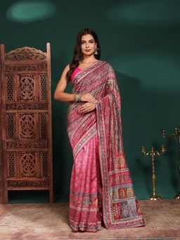 MEENA BAZAAR - Women Pink Organza Patterned Saree Without Blouse
