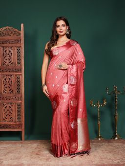 MEENA BAZAAR - Women Pink Art Silk Embroidered Saree Without Blouse