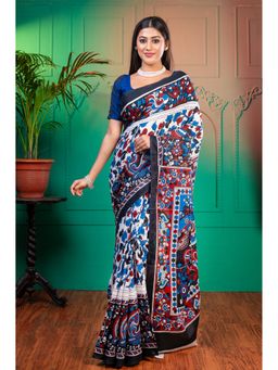 Boveee - Women Blue Cotton Floral Saree Without Blouse