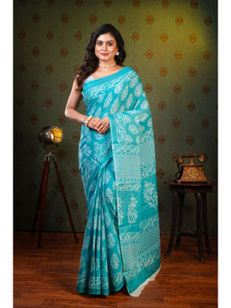 Boveee - Women Green Cotton Printed Saree Without Blouse