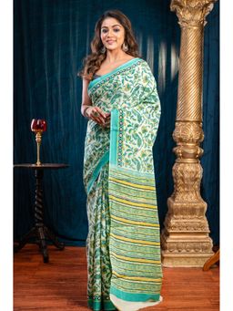 Boveee - Women Aqua Cotton Printed Saree Without Blouse