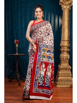Boveee - Women White Cotton Printed Saree Without Blouse