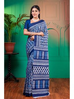 Boveee - Women Blue Cotton Printed Saree Without Blouse