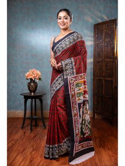 Boveee - Women Brown Cotton Flora Saree Without Blouse