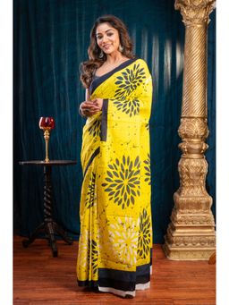 Boveee - Women Yellow Cotton Printed Saree Without Blouse