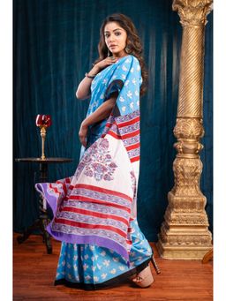 Boveee - Women Blue Cotton Printed Saree Without Blouse