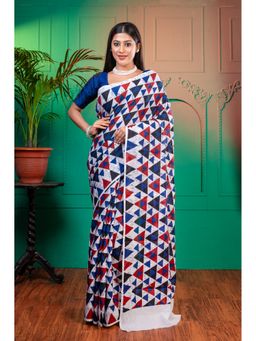 Boveee - Women Blue Cotton Geometric Saree Without Blouse