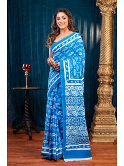 Boveee - Women Blue Cotton Printed Saree Without Blouse