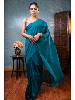 Boveee - Women Teal Cotton Woven Saree Without Blouse