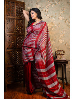 Boveee - Women Red Cotton Woven Saree Without Blouse