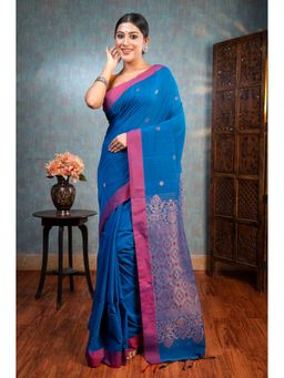 Boveee - Women Blue Cotton Woven Saree Without Blouse
