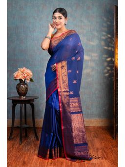 Boveee - Women Blue Cotton Woven Saree Without Blouse