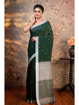 Boveee - Women Green Cotton Woven Saree Without Blouse