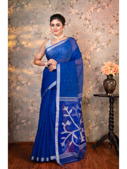 Boveee - Women Blue Silk Embroidered Saree Without Blouse